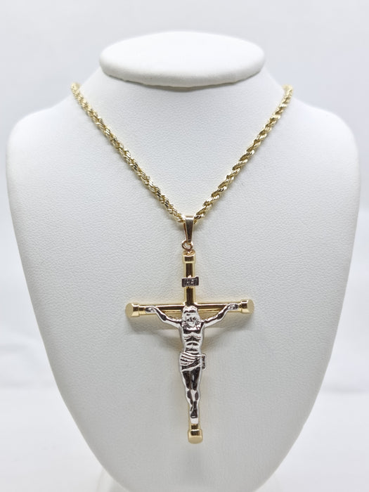 14kt Small Cross Crucifix Necklace with Rope Chain