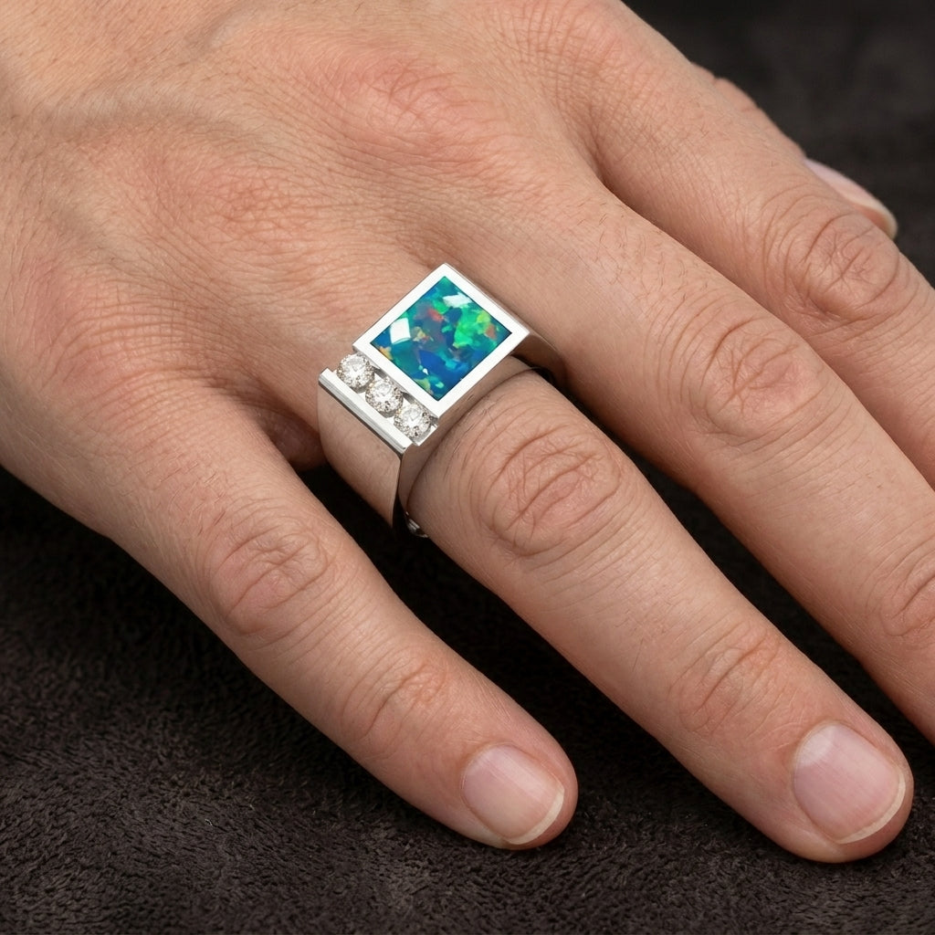 Men's Inlay Opal and Diamond Ring 0.50ct tw 14kt Gold