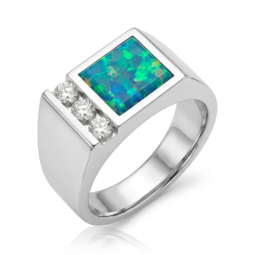 Men's Inlay Opal and Diamond Ring 0.50ct tw 14kt Gold