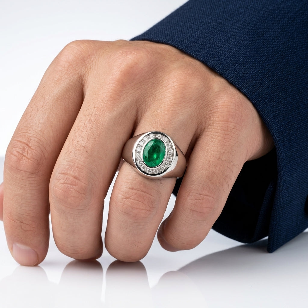 Men's Ring Emerald 0.80ct and Diamond Ring 0.20ct tw 14kt Gold