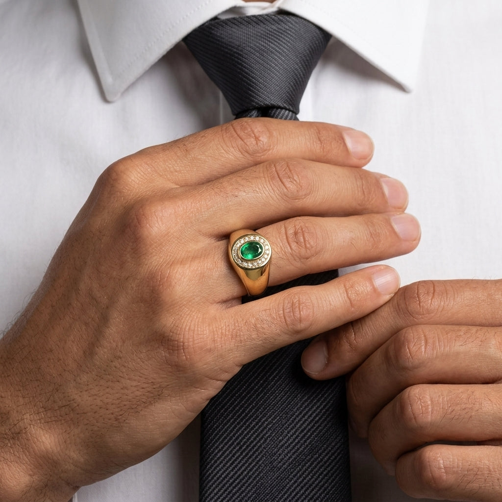Men's Ring Emerald 0.80ct and Diamond Ring 0.20ct tw 14kt Gold