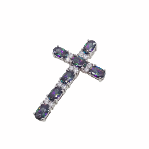 Caymanique Pendant Cross 925 Sterling Silver Woman and CZs, 3.50cttw