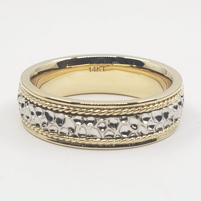 Wedding Band 14kt Gold 6MM Yellow & White Gold With Milgrain And Hammered