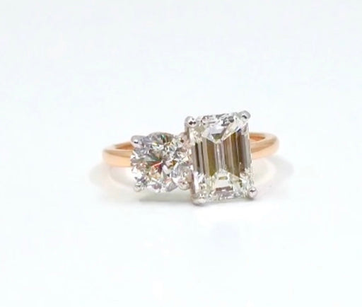 Two Stone Diamond Engagement Ring 2.00 carat Emerald Cut with 1.00 carat Round Diamond  14kt Gold