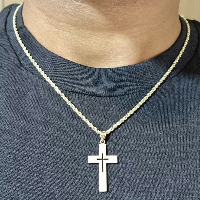 14kt 2Tone CutOut Cross Necklace with 14kt Rope Chain