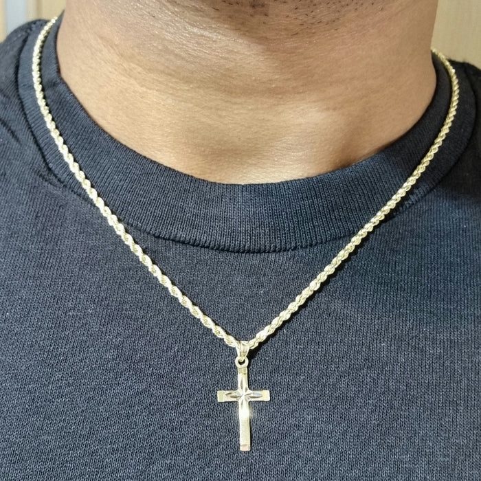 14kt DC Reversible Cross Necklace with 14kt Rope Chain 3mm
