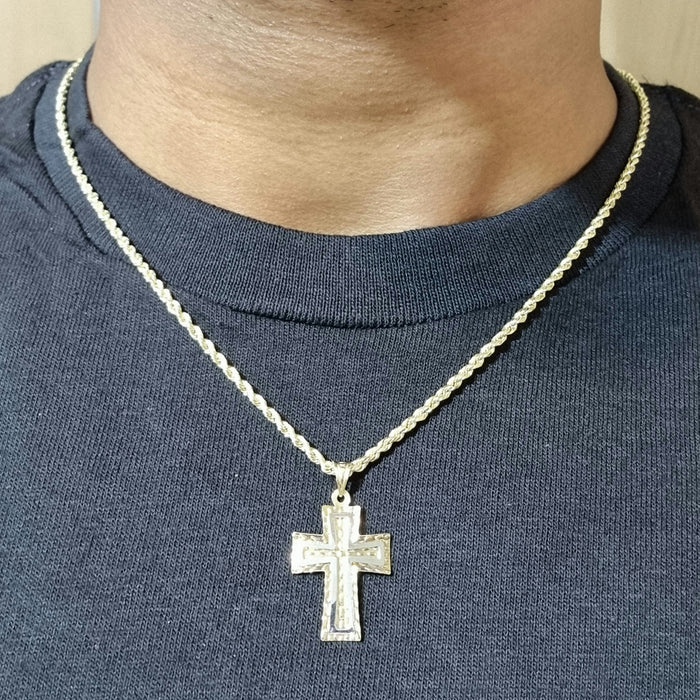 14kt Small Reversible Cross Necklace with 14kt Rope Chain