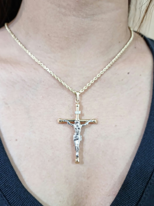14kt Small Cross Crucifix Necklace Woman with Rope Chain