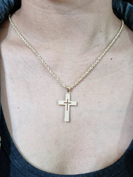 14kt 2Tone CutOut Cross Necklace Woman with 14kt Rope Chain
