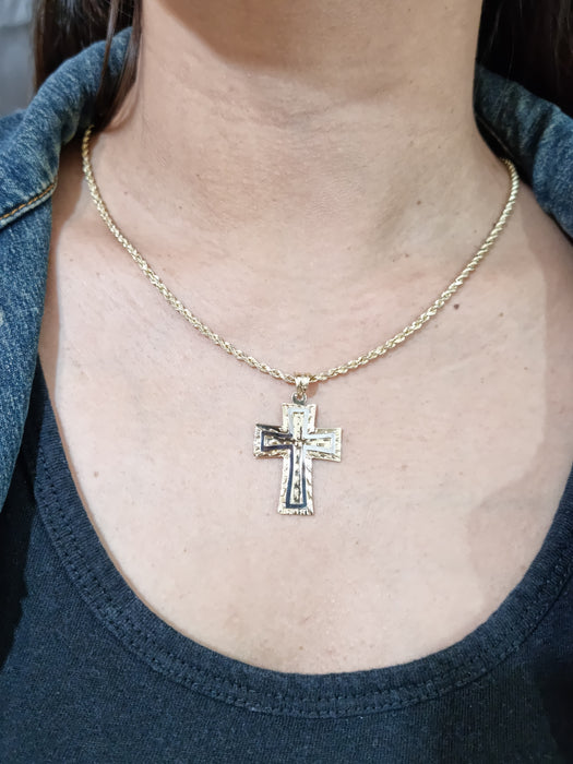 14kt Medium Reversible Cross Necklace Woman with 14kt Rope Chain