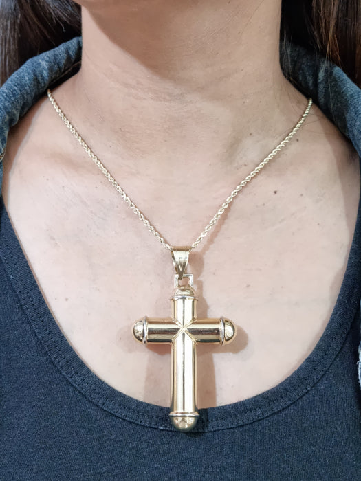 14kt Puff Cross Necklace Woman with 14kt Rope Chain