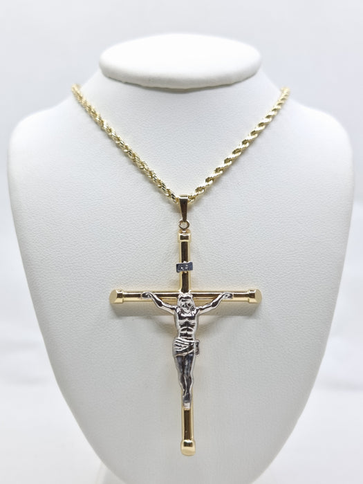 14kt Medium Cross Crucifix Necklace Woman with Rope Chain