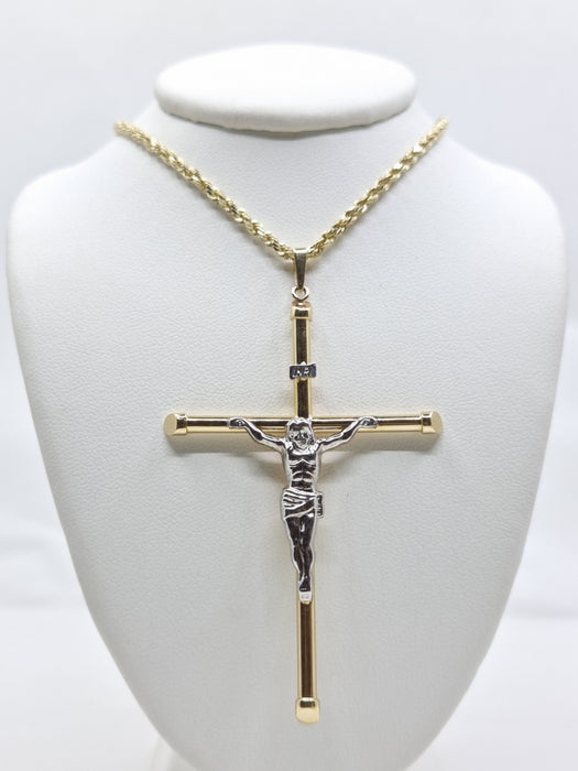14kt Large Cross Crucifix Necklace with Rope Chain
