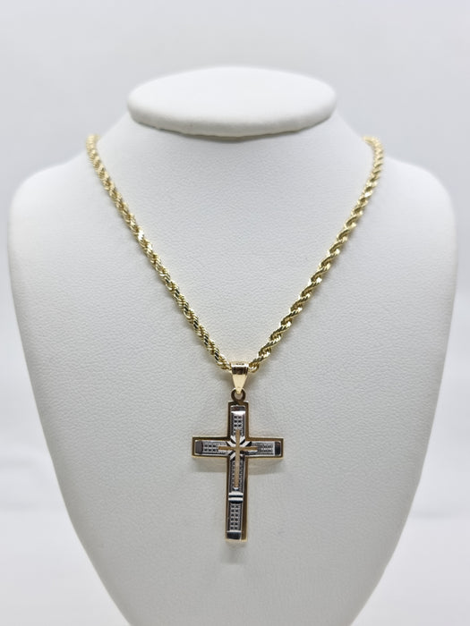 14kt 2Tone CutOut Cross Necklace Woman with 14kt Rope Chain