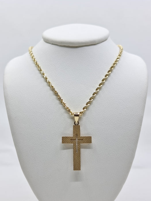 14kt 2Tone CutOut Cross Necklace with 14kt Rope Chain