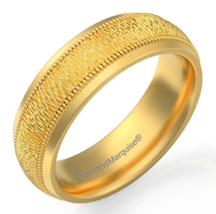 Wedding Band 14kt Gold Milgrain 6MM Hammered Florentine Gold