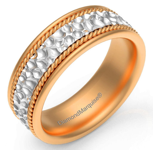 Wedding Band 14k Gold 6MM Yellow & White Gold With Milgrain And Hammered