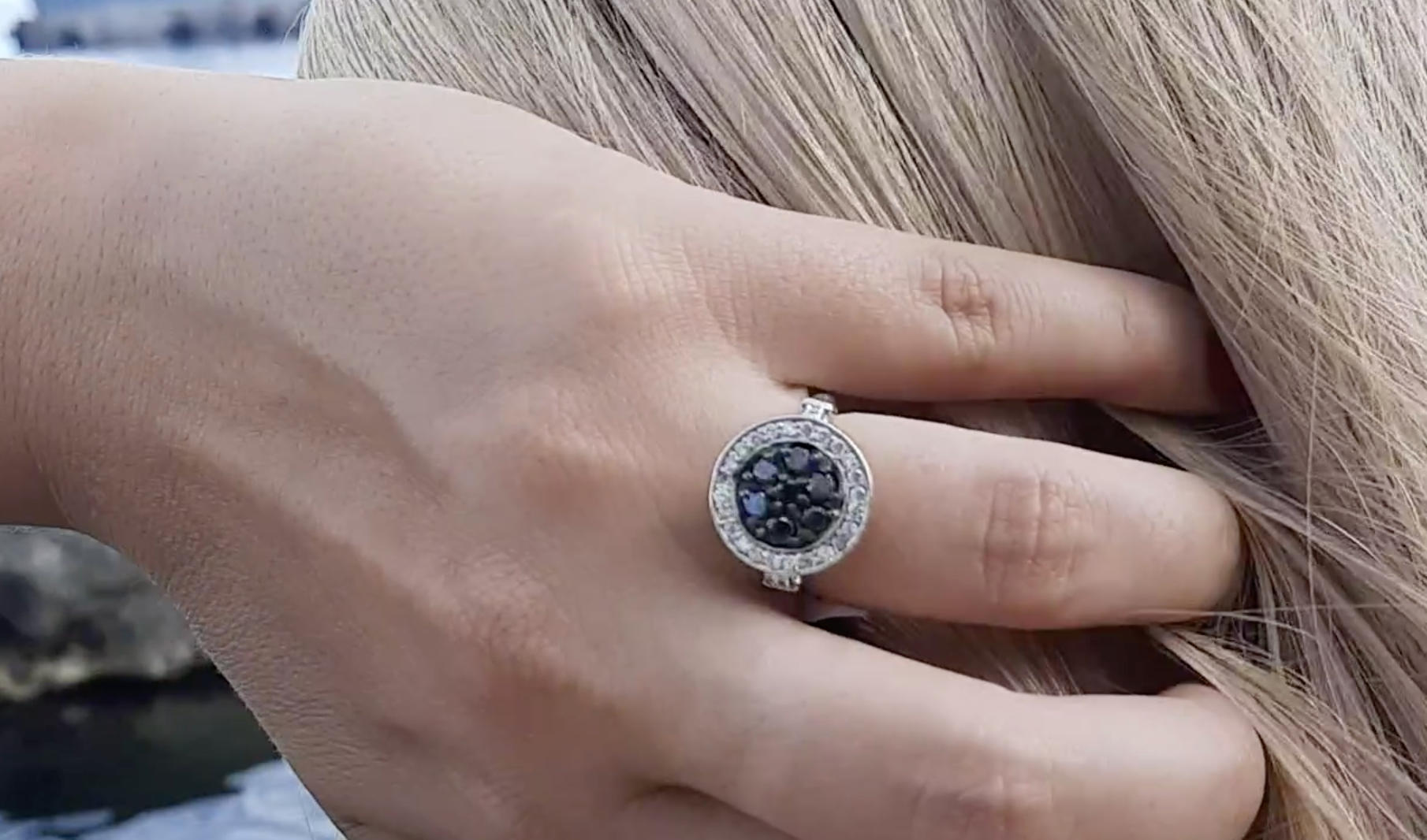 Amante Black and White Diamond Ring with Baguettes 1.15cttw in 14kt Gold