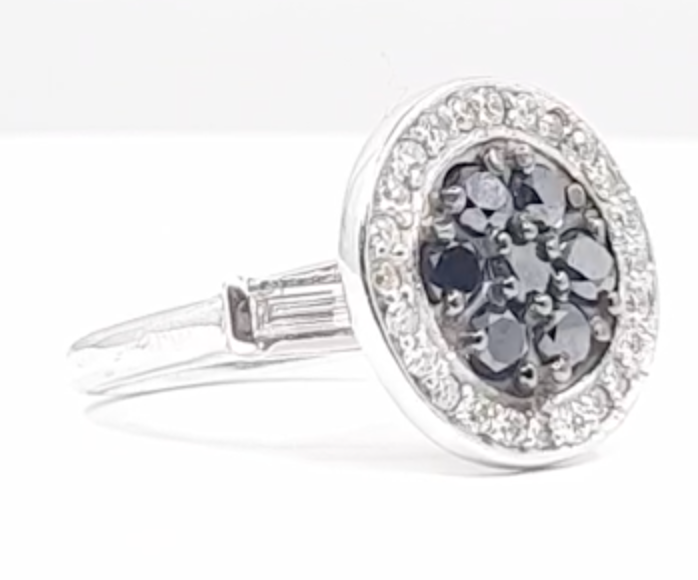 Amante Black and White Diamond Ring with Baguettes 1.15cttw in 14kt Gold